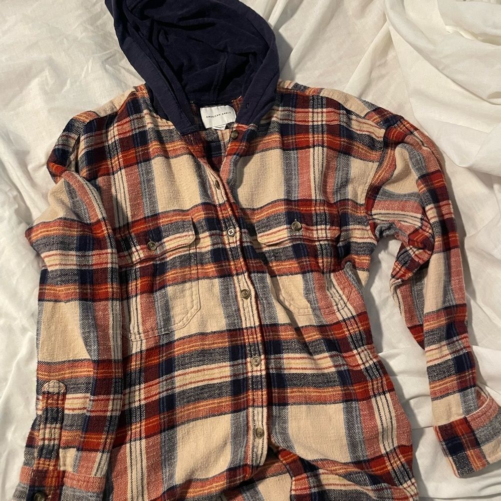 American Eagle Outfitters Plaid Button Down Shirt with Hood Cabin Core